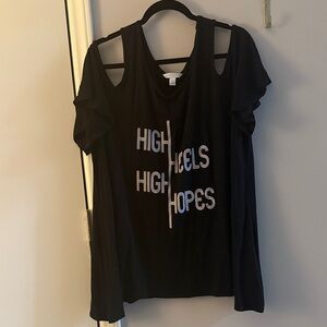 Chic Black Cold Shoulder Tee with Graphic Text